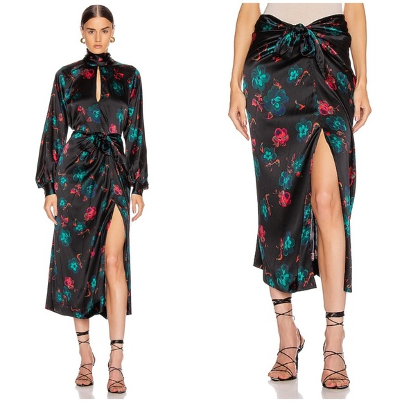 New! Ganni Silk Stretch Satin Floral Wrap Midi Skirt ❤️ size 6 - Picture 1 of 16